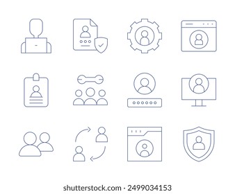 Iconos de usuario. Estilo de línea delgada, carrera editable. protección del usuario, usuario, Asistencia técnica, tarjeta de identificación, amigos, desarrollador, cambio.