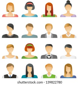 User icons in vector, represent both male and female people: men and women in formal and informal clothes (for social networks, illustrations, profiles, mobile and tablet application etc)