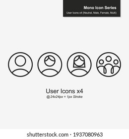User Icons x4 - Male, Female, Gender Neutral and Multi User. App and SaaS Symbol. Teamwork, Business Team building and collaboration. Working together and Human Resources. Scalable. Mono - Vector Icon