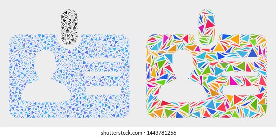 User id badge collage icon of triangle elements which have various sizes and shapes and colors. Geometric abstract vector illustration of user id badge.