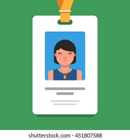 User id card with female photo. Business conference concept. Id card for businessman. Simple vector flat illustration on green background