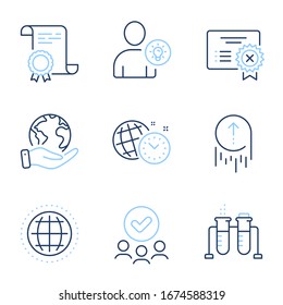 User idea, Chemistry beaker and Swipe up line icons set. Diploma certificate, save planet, group of people. Globe, Reject certificate and Time management signs. Vector