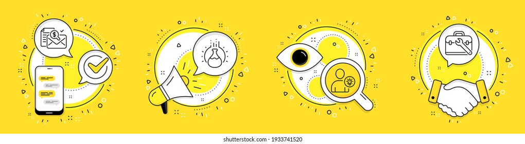 Idea de usuario, experimento de Química y conjunto de iconos de línea de informe de Contabilidad. Iconos de telefonía celular, megáfono y vectores de tráfico. Signo de caso de herramienta. Bombilla, matraz de laboratorio, finanzas de control. Servicio de reparación. Vector