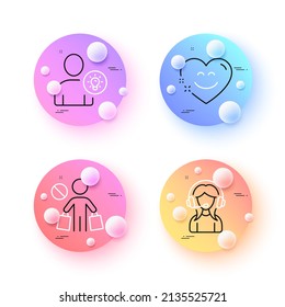 User Idea, Support And Smile Chat Minimal Line Icons. 3d Spheres Or Balls Buttons. Stop Shopping Icons. For Web, Application, Printing. Light Bulb, Call Center, Heart Face. No Buying. Vector