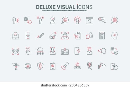User identification, ID, biometric verification to access line icons set. Software technology to detect and check identity, protect privacy thin black and red outline symbols vector illustration