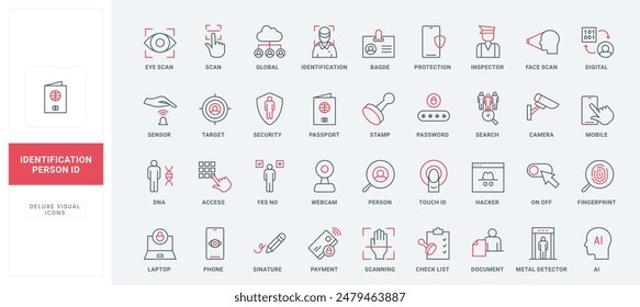 User identification, ID card and employee badge, biometric recognition line icons set. Scanning eye and fingerprint, face in scanner square thin black and red outline symbols vector illustration