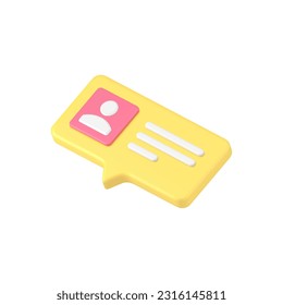 User identification personal account information yellow quick tips 3d icon realistic vector illustration. Customer client verification web card identity data info profile member with name and avatar