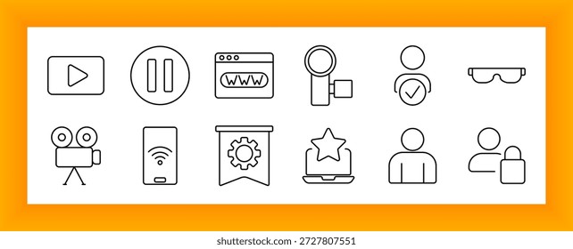 Identidade do usuário e ícone do conjunto de mídias. Jogue, pause, câmera, URL da Web, usuário verificado, óculos, equipamento de banner, sinal móvel, estrela do laptop e perfil de usuário de bloqueio desenhado em estilo de linha.