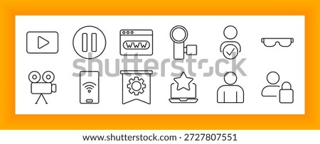 User identity and media set icon. Play, pause, camera, web URL, verified user, glasses, banner gear, mobile signal, laptop star, and lock user profile drawn in line style.