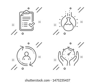 User info, Approved checklist and Chemistry experiment line icons set. Timer sign. Update profile, Accepted message, Laboratory flask. Deadline management. Technology set. Vector