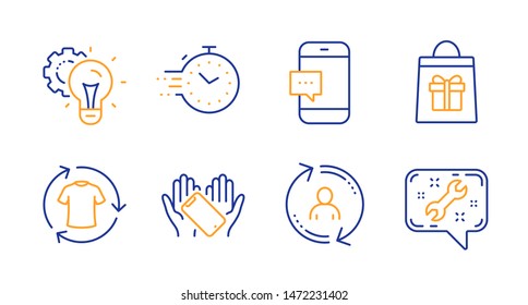 User info, Idea gear and Holidays shopping line icons set. Smartphone message, Timer and Change clothes signs. Smartphone holding, Spanner symbols. Update profile, Technology process. Vector
