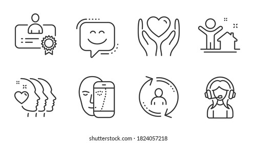 User info, New house and Support line icons set. Certificate, Hold heart and Face biometrics signs. Friends couple, Smile face symbols. Update profile, Buying home, Call center. People set. Vector