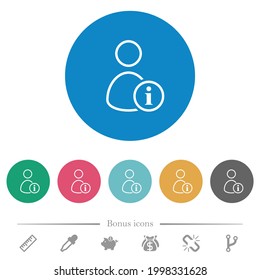 User info outline flat white icons on round color backgrounds. 6 bonus icons included.