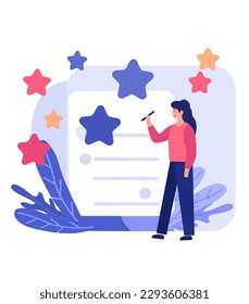  User input, customer experience, and client gratification represent the notion of product and service evaluations, including ratings and assessments. The people characters giving star feedback.