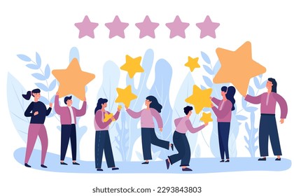  User input, customer experience, and client gratification represent the notion of product and service evaluations, including ratings and assessments. The people characters giving star feedback.