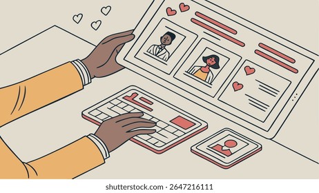 Usuário interagindo com um aplicativo de namoro em um tablet e teclado. Conexão online, pesquisa amorosa e conceito de mídia social.