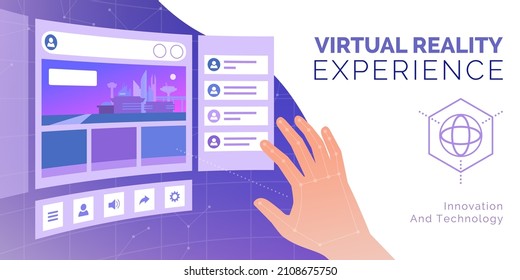 User interacting with tridimensional virtual screens, VR and virtual workspace concept