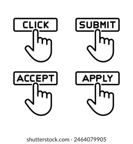 Interacción del usuario, Hacer clic, Enviar, aceptar y aplicar iconos. Estilo de contorno de trazo. Aislar sobre fondo blanco.