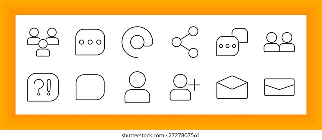 User interaction set icon. Avatars, chat bubbles, share nodes, mail icons, add person, and punctuation bubbles shown in outlined form to depict messaging, conversation, and social contact.