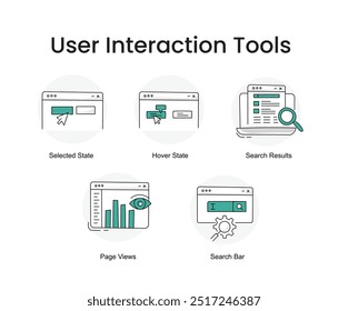 Tools für die Benutzerinteraktion. Symbole enthalten: Suchergebnisse, Seitenansichten, Hover-Status, Ausgewählter Status, Suchleiste