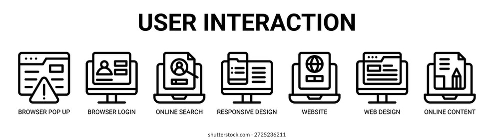 Concepto de Ilustración vectorial de ícono de Anuncio de Web de interacción de usuario con ícono de ventana emergente del navegador, Inicio de sesión del navegador, búsqueda en línea, diseño adaptable, Sitio web, Diseño web y contenido en línea.