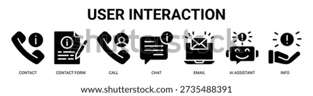 User Interaction web banner icon vector illustration concept with icon of contact, contact form, call, chat, email, ai assistant, and info.
