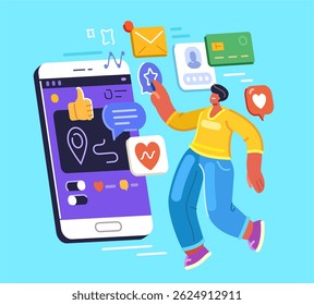 User interacts with applications on mobile device. Woman using modern smart phone. Social media and online content