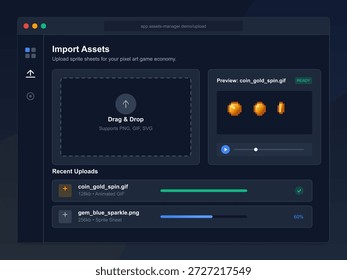 Ein Benutzer interagiert mit einem Asset Management-Tool, das zum Hochladen von Sprite Sheets in einer Pixel Art Game Economy entwickelt wurde. Die Benutzeroberfläche zeigt aktuelle Uploads und Vorschaufunktionen an.