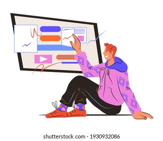 User interacts with computer interface, cartoon cartoon vector illustration isolated on white. Developer or programmer, seo manager working on a computer.