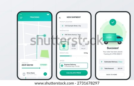 User interacts with a delivery tracking app showing shipment details like location, weight, and estimated delivery time. The interface displays an ongoing order in transit.