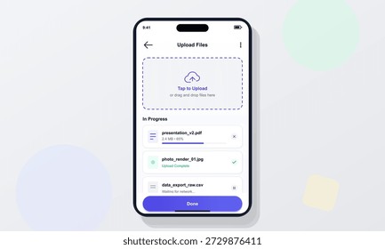 Um usuário interage com um aplicativo móvel para carregar arquivos de seu dispositivo. A tela mostra os nomes dos arquivos e o status do carregamento. O usuário pode tocar para carregar mais arquivos.