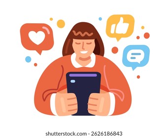 User interacts with smartphone displaying social media networks. Young woman chats online and browses events and news