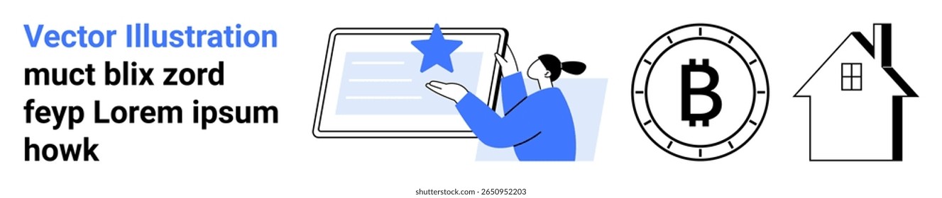O usuário interage com um tablet, símbolo Bitcoin grande, estrutura de casa. Ideal para tecnologia, moeda digital, imobiliário, finanças, investimento, propriedade de casa, estilo de vida moderno. Página inicial