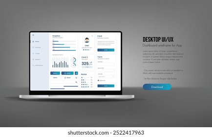 User interface of an analysis panel on a laptop. UX UI design. Dashboard usability laptop on electronic devices. Charts and tables for efficient data management and monitoring.