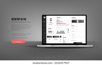 User interface of an analysis panel on a laptop. UX UI design. Dashboard usability laptop on electronic devices. Charts and tables for efficient data management and monitoring.