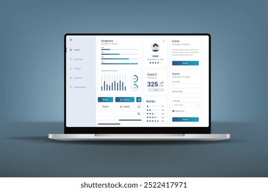 Interface do usuário de um painel de análise em um notebook. Design de interface do usuário do UX. Laptop usabilidade do painel em dispositivos eletrônicos. Gráficos e tabelas para gerenciamento e monitoramento de dados eficientes.