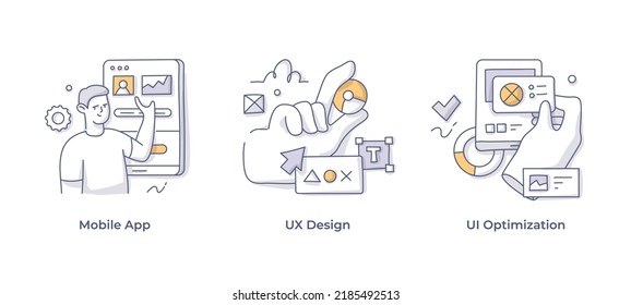 User interface and app development. UX design, mobile app development, UI optimization. Set of doodle vector illustrations to visualize business ideas and concepts