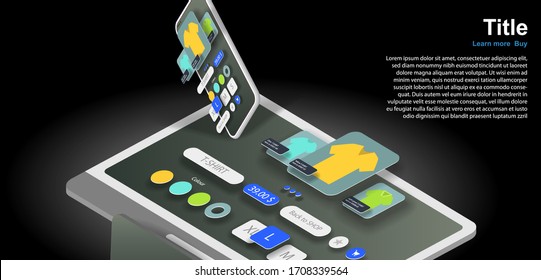 User interface of the app selling clothes on the screen of an office computer and mobile phone in space. Vector banner