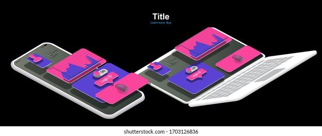 User interface of the app's account login page on the mobile phone and laptop screen. Vector banner