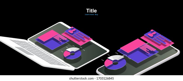 User interface of the app's statistics page on the mobile phone and laptop screen. Vector banner