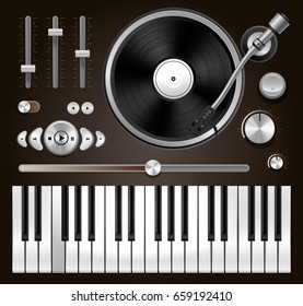 User interface Audio media mixer, vinyl player, equalizer, piano  synthesizer keys