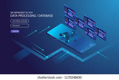 	
User interface for Big data flow processing concept, cloud database, isometric vector, web hosting and server room icons. Smart concept in database system