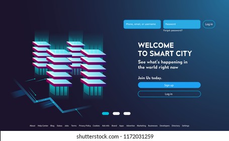 User interface for Big data flow processing concept, cloud database, isometric vector, web hosting and server room icons. Smart city concept in database system