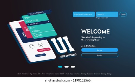 User interface for Big data flow processing concept, cloud database, isometric vector, web hosting and server room icons. Smart city concept in database system with abstract background