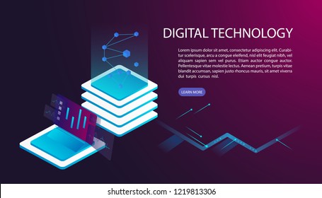 User interface for Big data flow processing concept, cloud database, isometric vector, web hosting and server room icons. Smart concept in database system