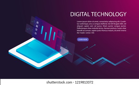 User interface for Big data flow processing concept, cloud database, isometric vector, web hosting and server room icons. Smart concept in database system