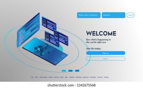 User interface for Big data flow processing concept, cloud database, isometric vector, web hosting and server room icons. Smart city concept in database system