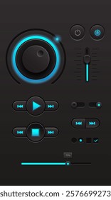 User interface button grey blue light power audio kit design vector illustration.