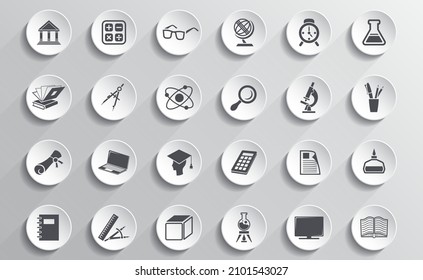 User interface buttons with education icons. Vector illustration of a set of realistic buttons for gadgets with icons and symbols of education.