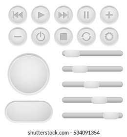 User interface buttons set. Media player main elements, slider bars. Vector illustration isolated on white background.